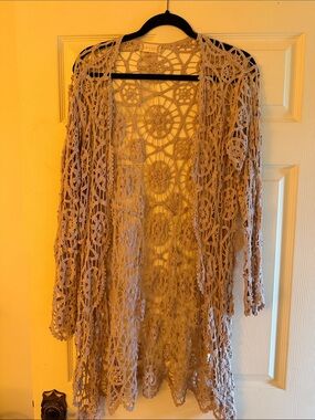 Altar'd State Crochet Openwork Cardigan in Light Taupe